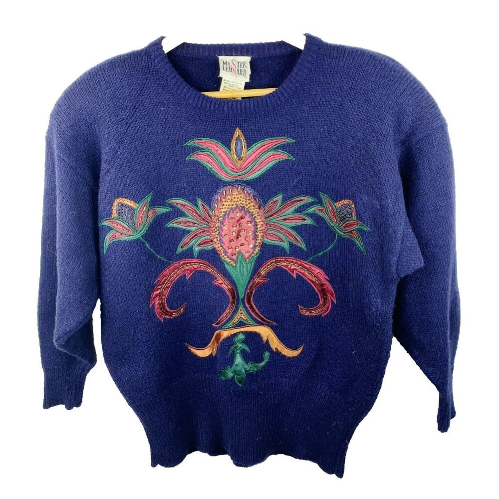 Vintage Sweater Mister Leonard Womens Large Navy Blue Applique Beaded Pullover